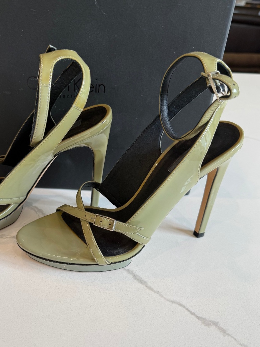 Calvin Klein Karina Sandal in light olive green/khaki patent leather, size 36.5